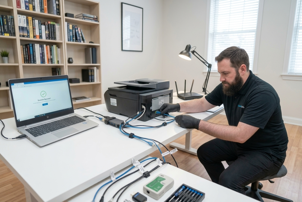 Technician neatly connecting a modern home workspace printer ecosystem