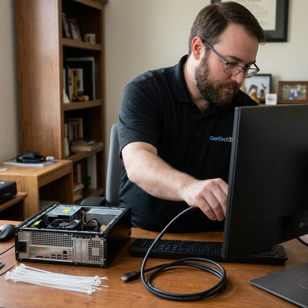 A friendly tech support expert visiting a home office setup to fix device connectivity
