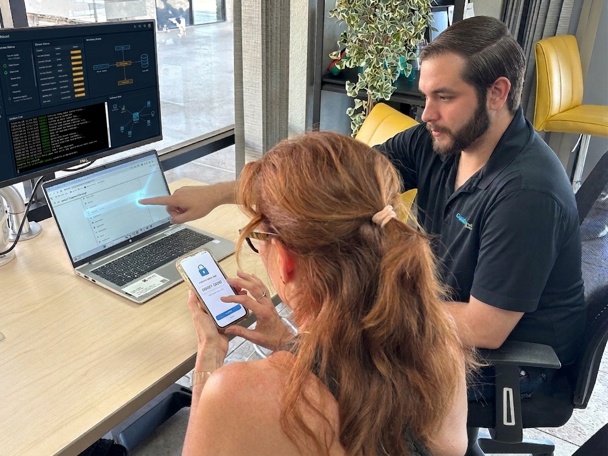 A patient GenTech expert sitting down and smiling while helping a customer with their tablet