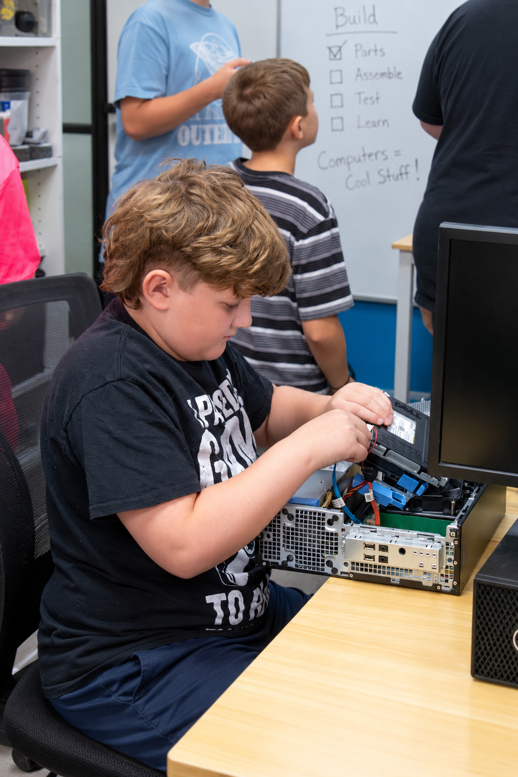 Technician assembling PC hardware inside shop